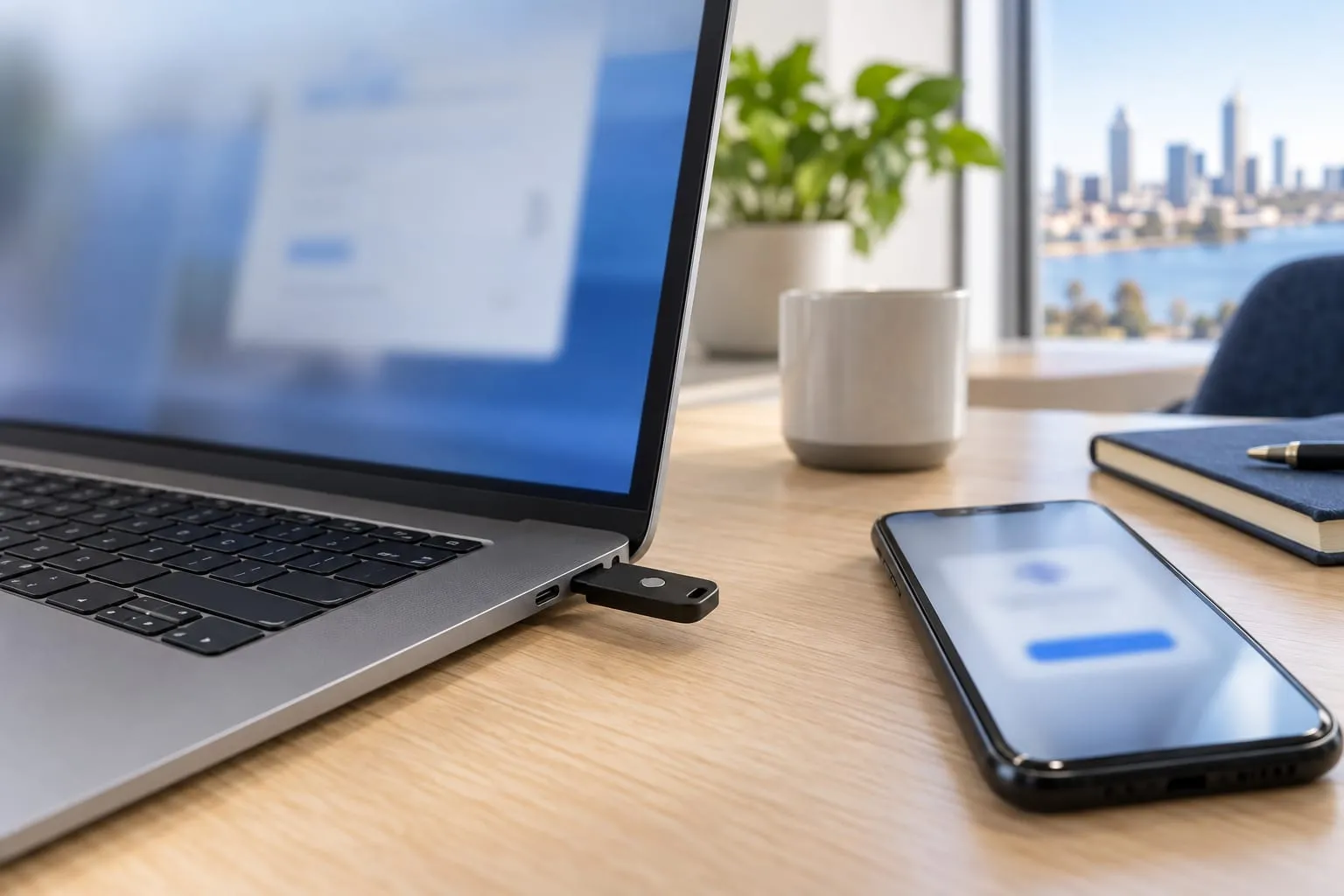 A hardware security key plugged into a laptop on an office desk, with a phone beside it showing a sign-in approval prompt.