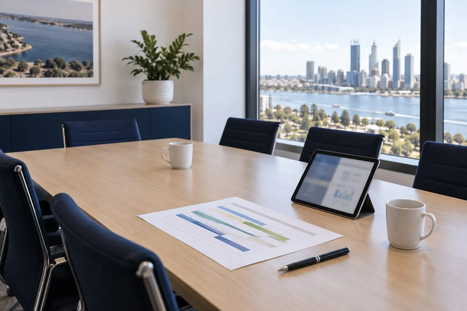 A boardroom table set for a planning meeting, with a printed technology roadmap, a tablet and coffee cups.
