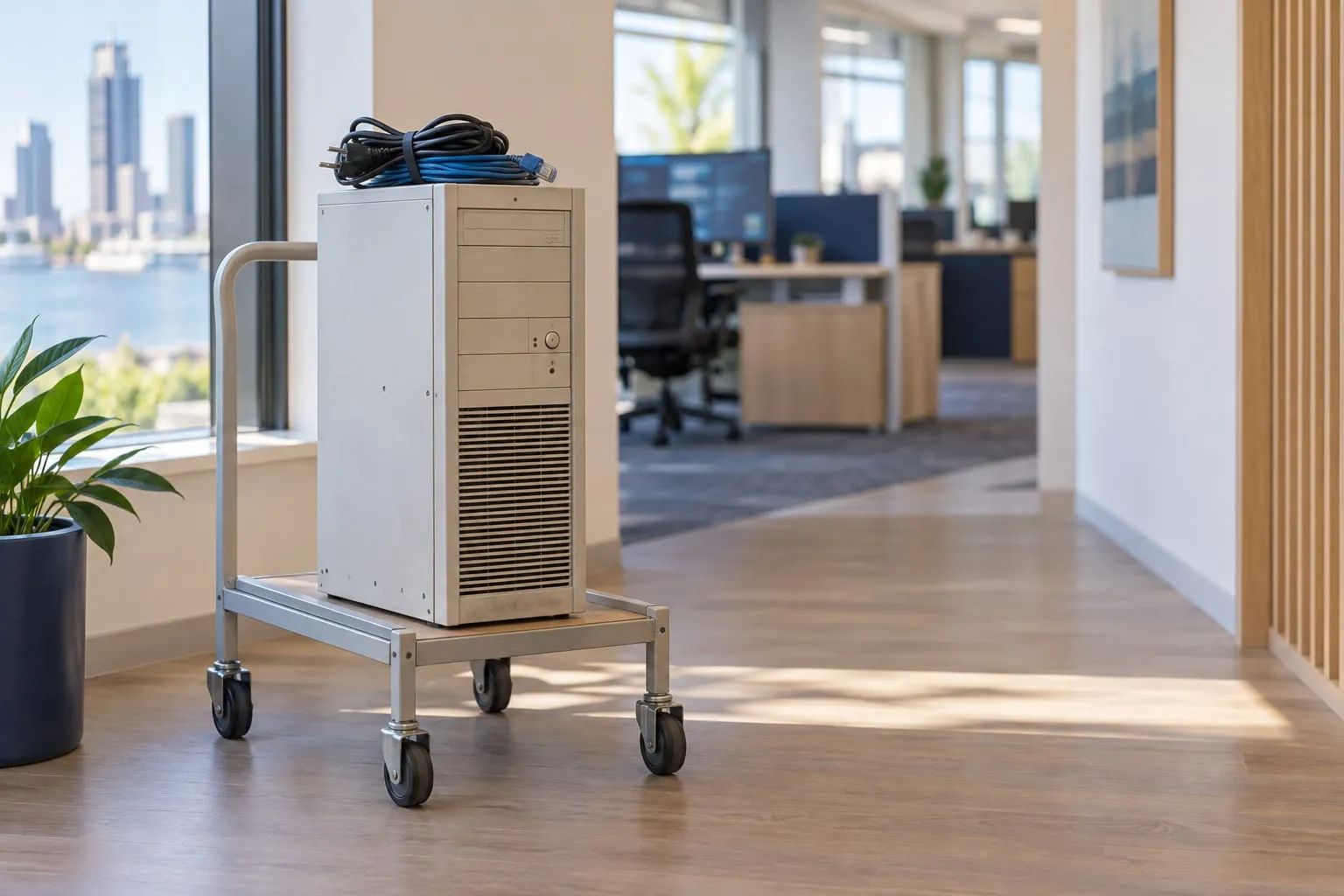 An old tower file server on a trolley in an office corridor, cables coiled on top, ready to be retired after a cloud migration.