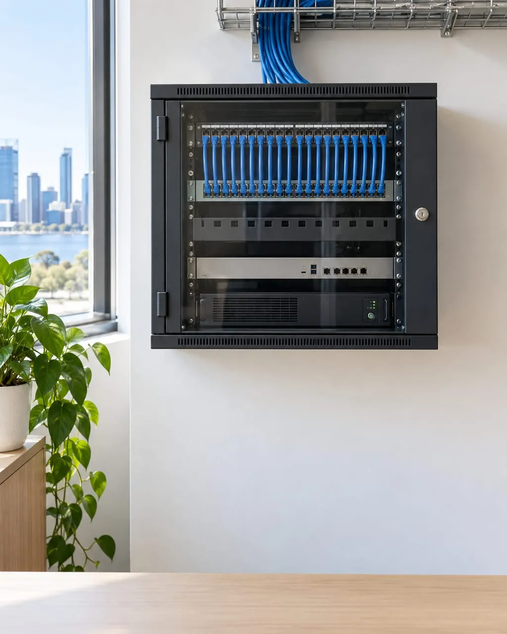 A wall-mounted network cabinet with a patch panel, a switch and neatly managed patch leads.