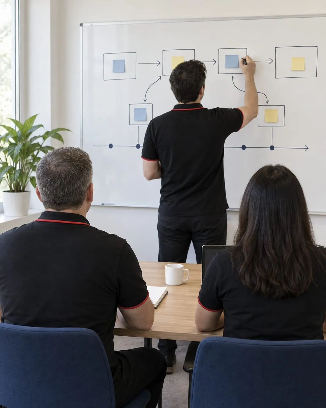 Seen from behind, one person draws on a whiteboard roadmap of boxes, arrows and sticky notes while two others watch from the meeting table.