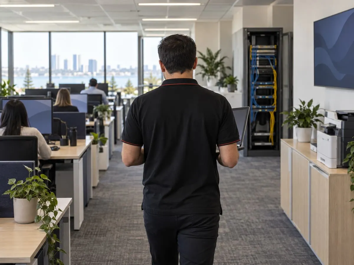 An IT engineer walking through an open-plan office with a laptop, past staff desks, a printer and the network cabinet.