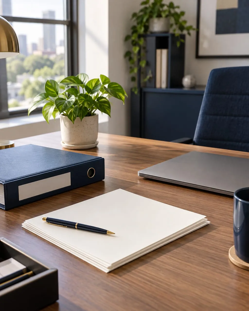 A navy ring binder, a pen and blank pages on an office desk beside a closed laptop.