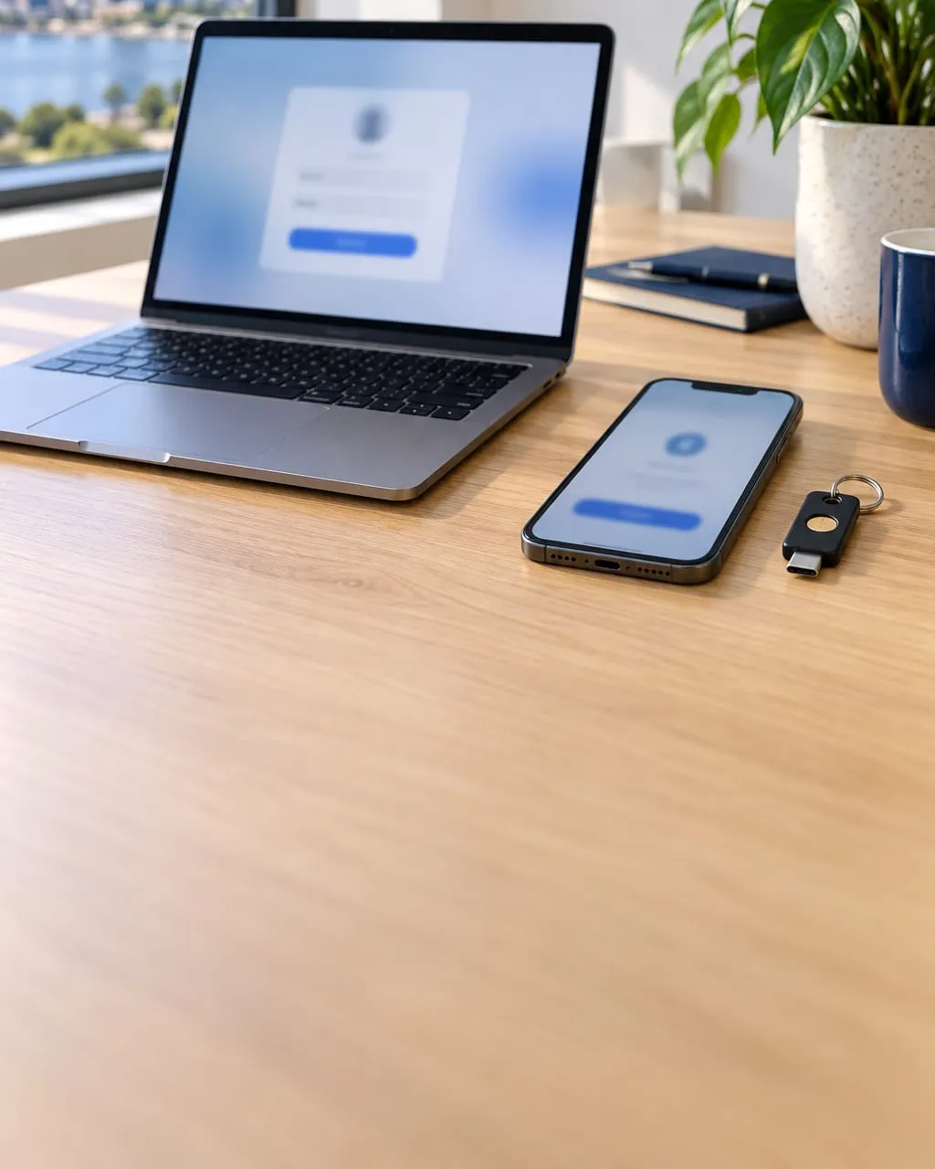 A laptop sign-in screen, a phone showing an approval prompt and a hardware security key on a desk.