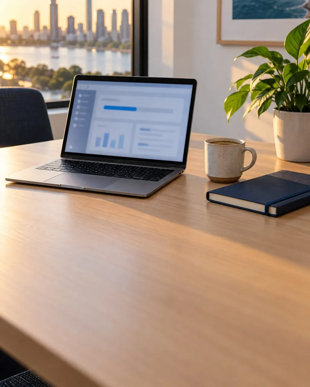 A laptop on an office desk showing an update in progress, with a coffee mug and a notebook beside it.