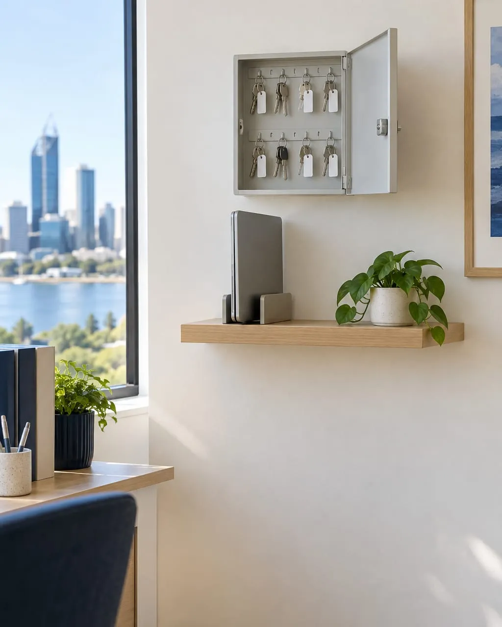 A wall-mounted key cabinet, open, above a shelf holding one laptop kept apart for administration work.